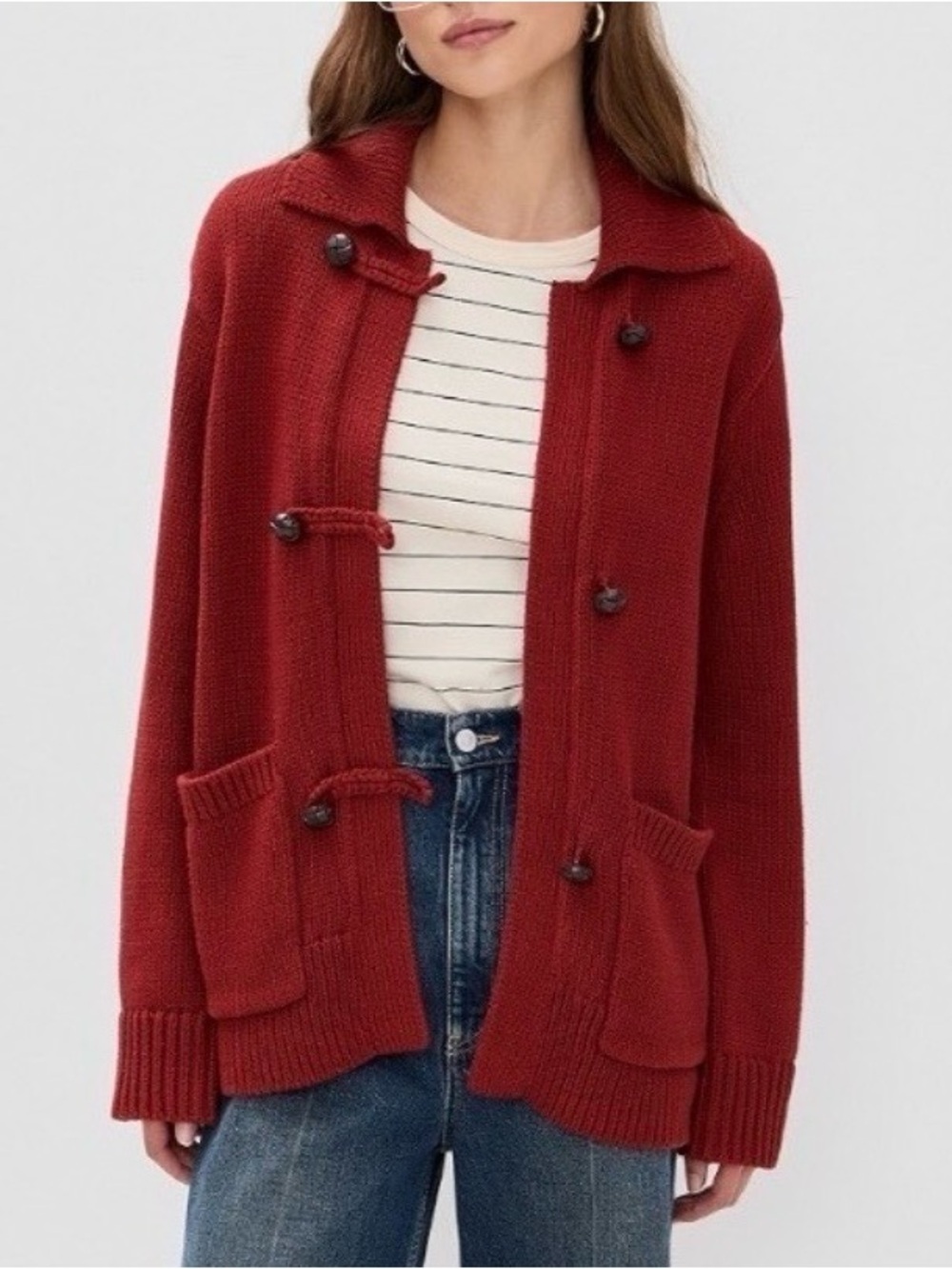 Alex Mill Ada Collared Cotton Mid-Length Cardigan Sweater in Mahogany Red Small
